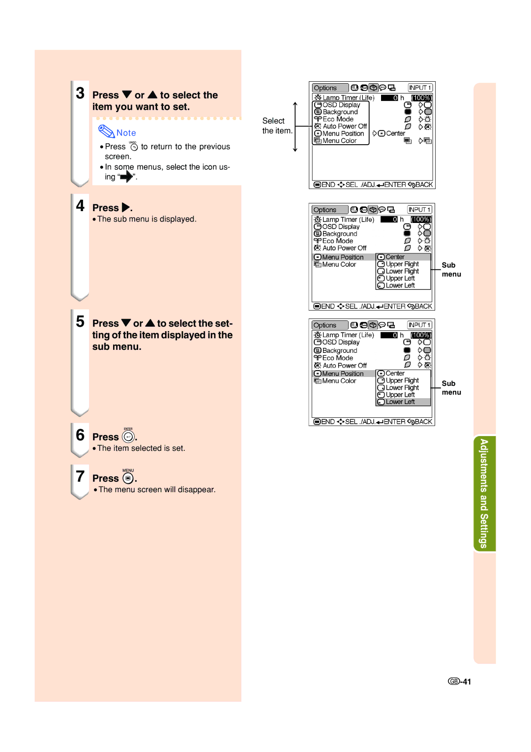 Sharp XV-Z200E operation manual Press or to select the item you want to set 