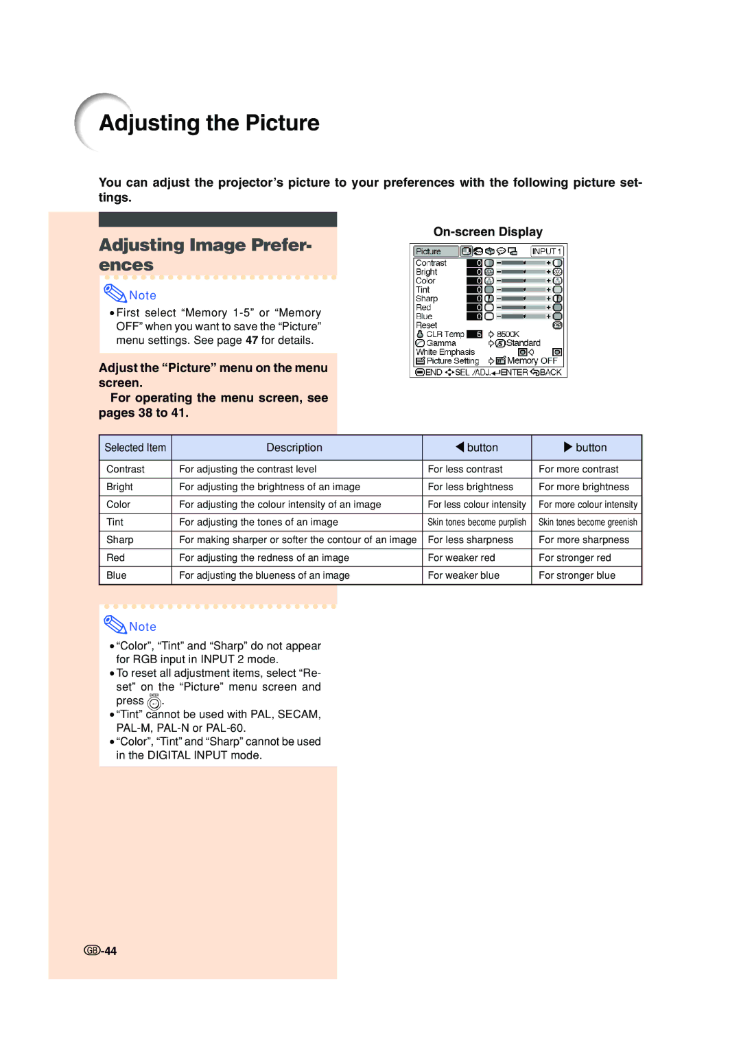 Sharp XV-Z200E operation manual Adjusting the Picture, Adjusting Image Prefer- ences 