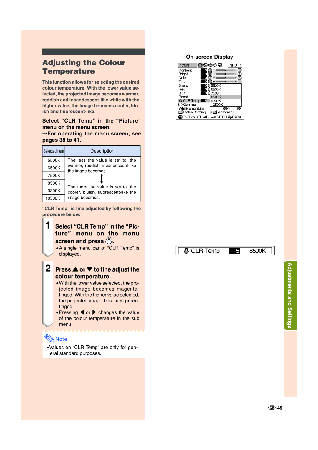 Sharp XV-Z200E operation manual Adjusting the Colour Temperature, Press or to fine adjust the colour temperature 