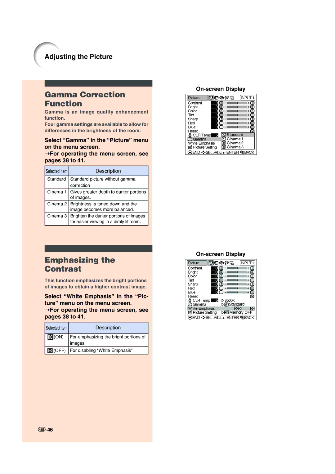 Sharp XV-Z200E operation manual Gamma Correction Function, Emphasizing Contrast 