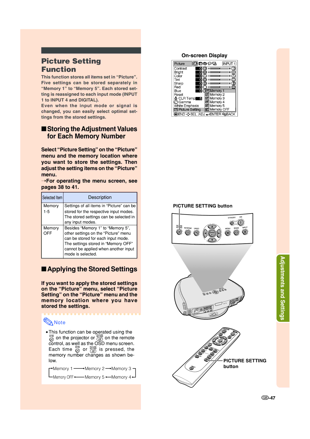 Sharp XV-Z200E operation manual Picture Setting Function, Storing the Adjustment Values for Each Memory Number 