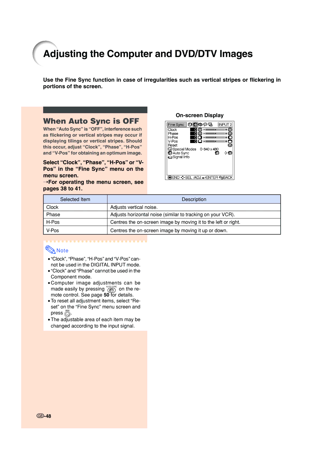 Sharp XV-Z200E operation manual Adjusting the Computer and DVD/DTV Images, When Auto Sync is OFF 