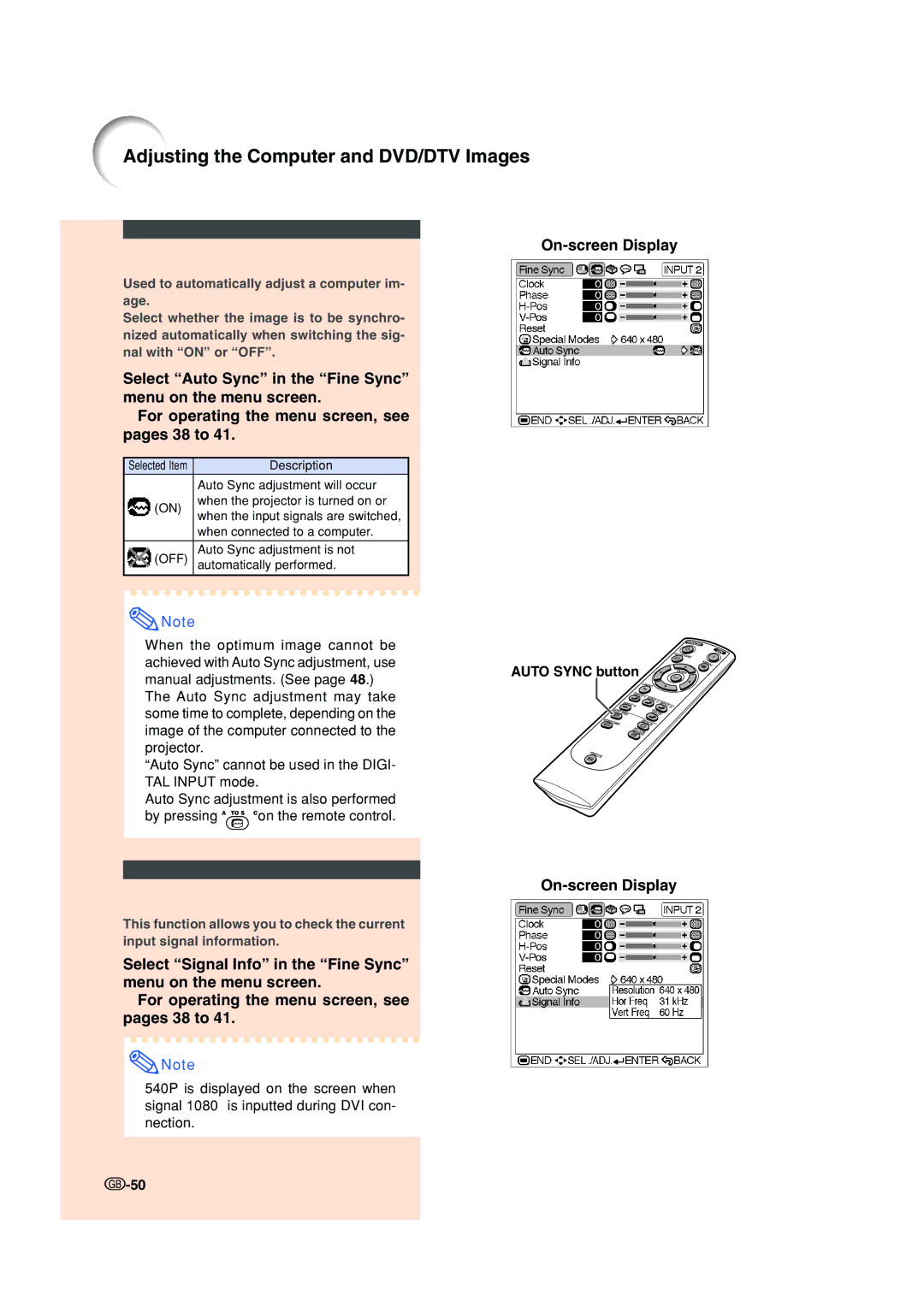 Sharp XV-Z200E operation manual Auto Sync Adjustment, Checking the Input Signal 