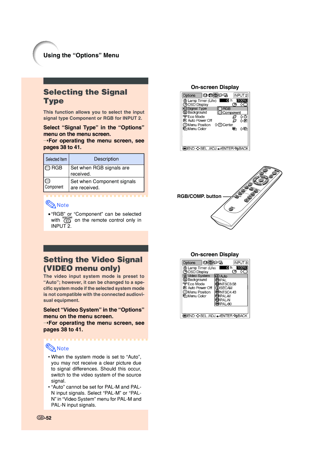 Sharp XV-Z200E operation manual Selecting the Signal Type, Setting the Video Signal Video menu only, Using the Options Menu 