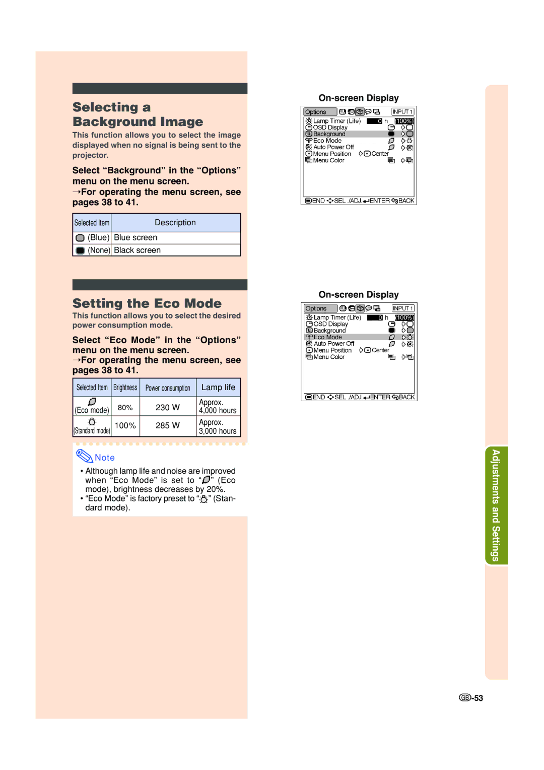 Sharp XV-Z200E operation manual Selecting a Background Image, Setting the Eco Mode 