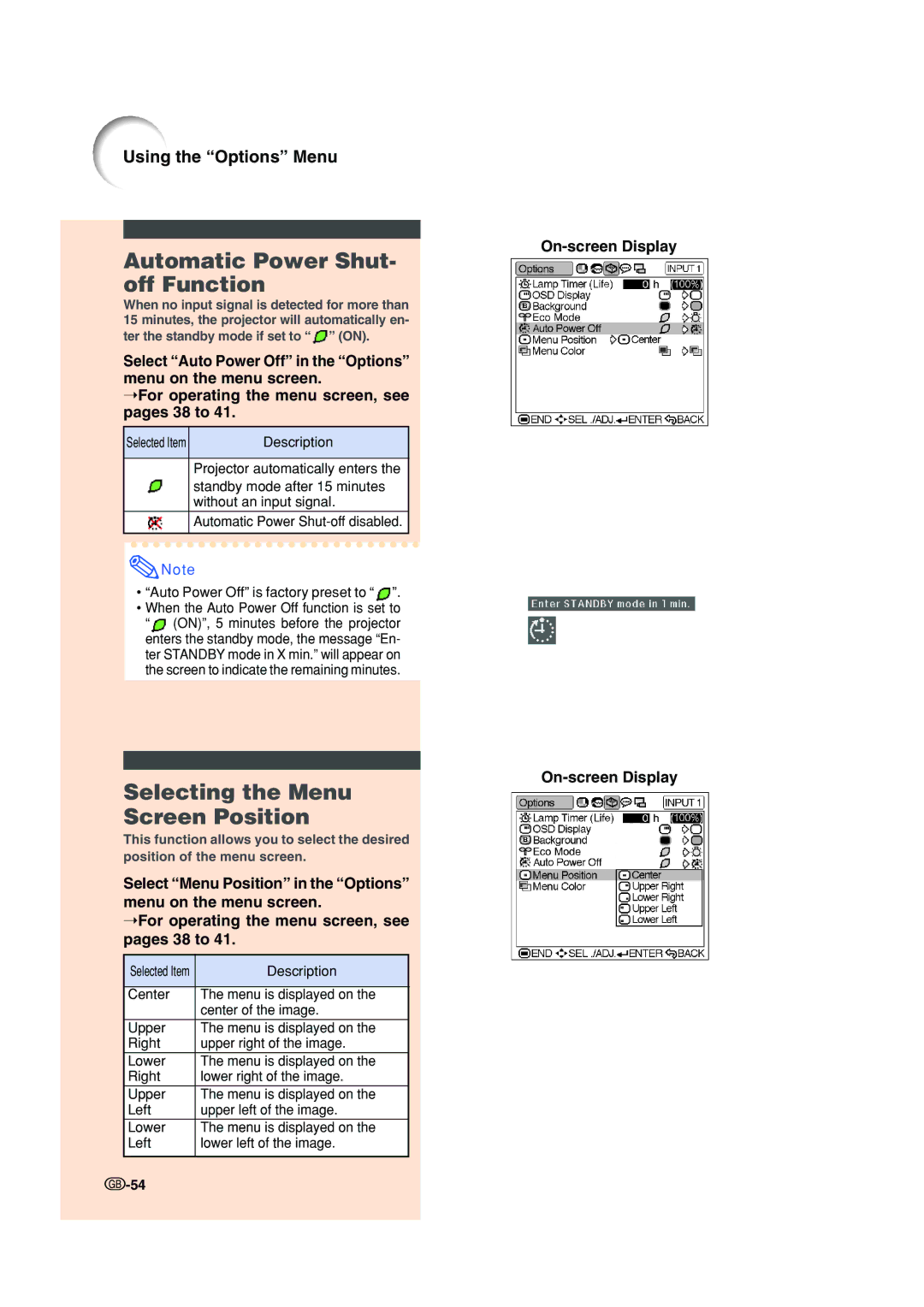 Sharp XV-Z200E operation manual Automatic Power Shut- off Function, Selecting the Menu Screen Position 