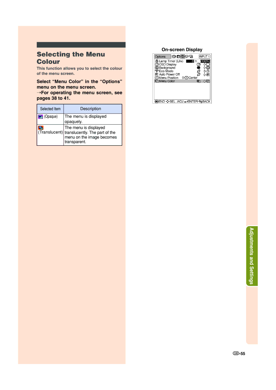 Sharp XV-Z200E operation manual Selecting the Menu Colour 