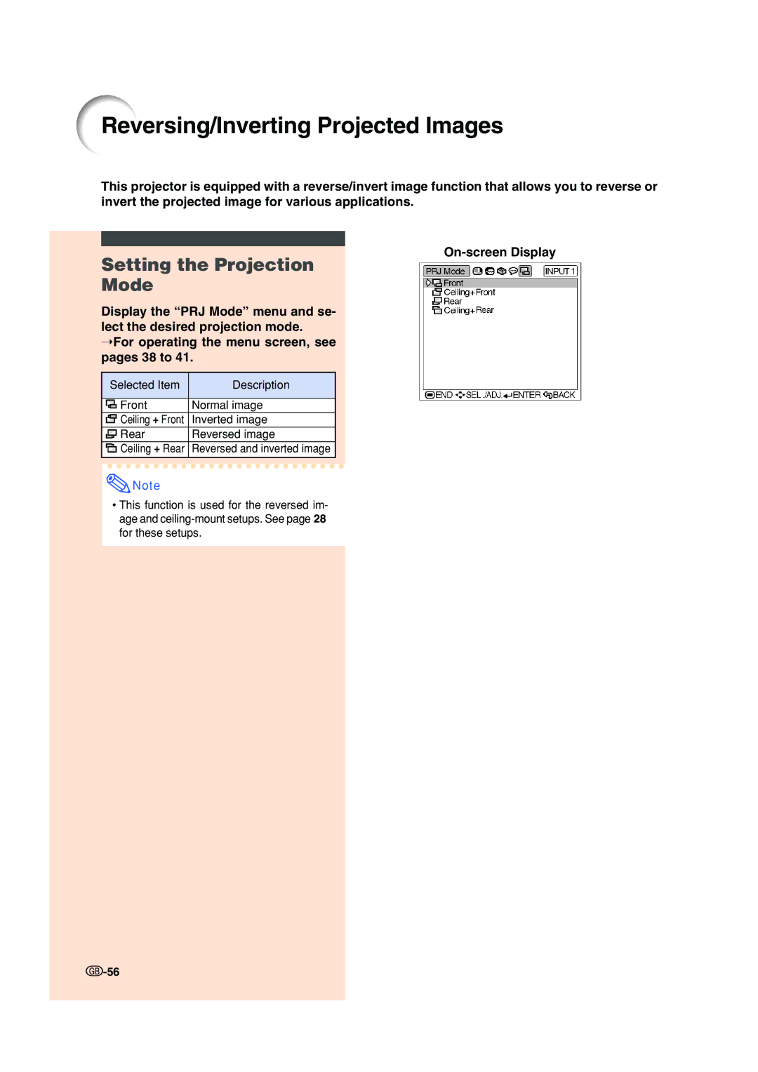 Sharp XV-Z200E operation manual Reversing/Inverting Projected Images, Setting the Projection Mode 