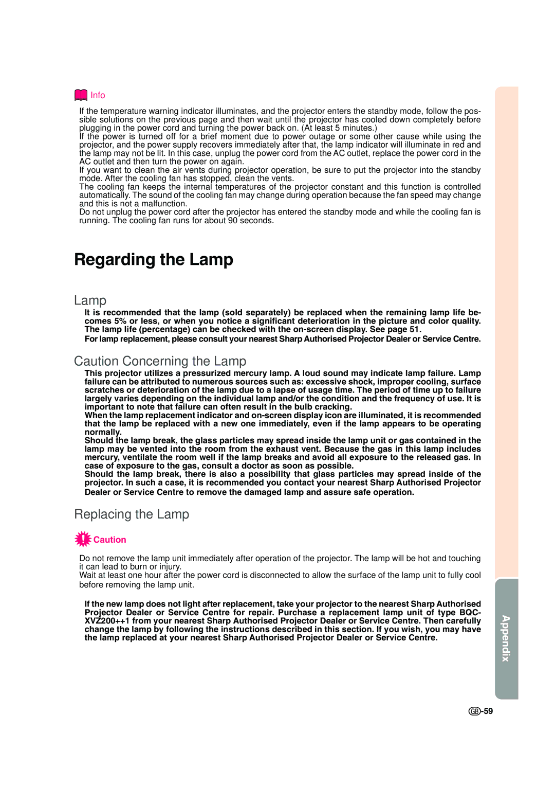 Sharp XV-Z200E operation manual Regarding the Lamp, Replacing the Lamp 