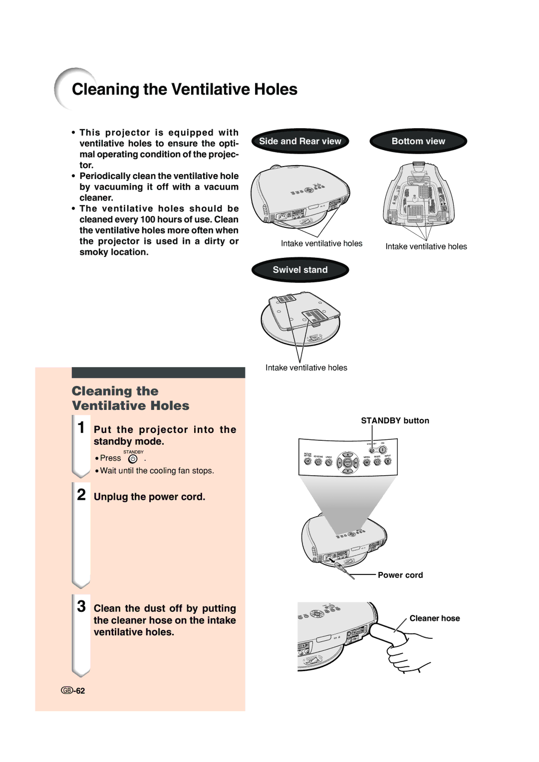 Sharp XV-Z200E operation manual Cleaning the Ventilative Holes, Cleaning Ventilative Holes 