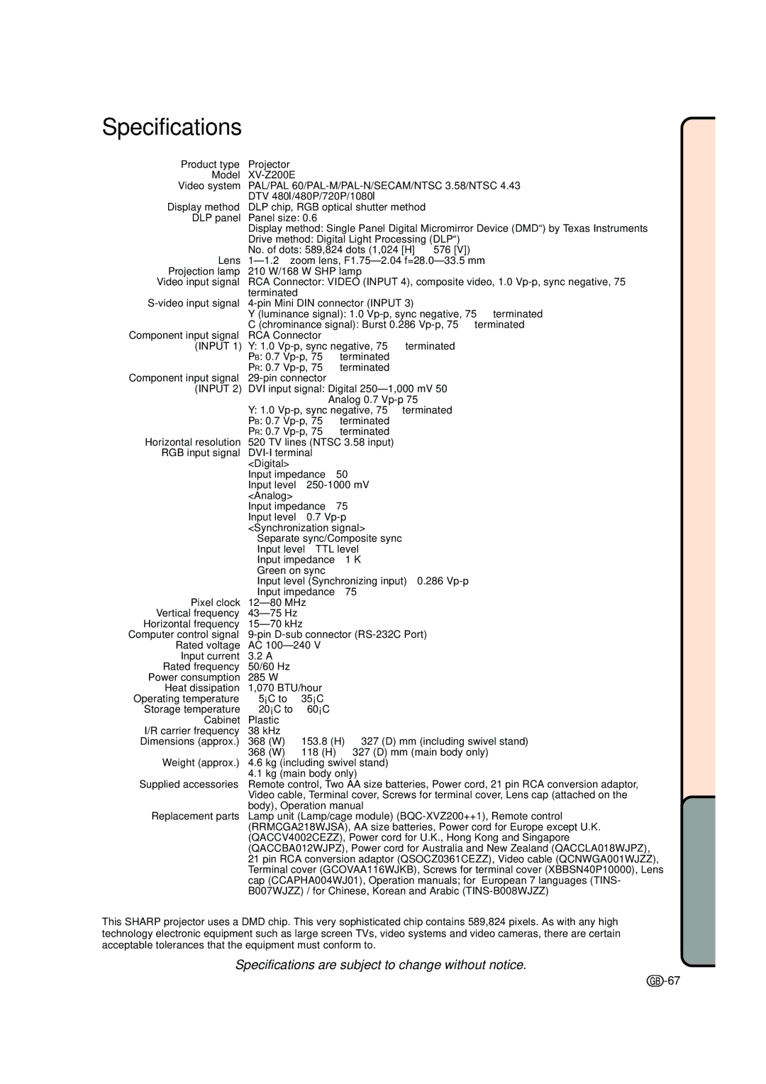 Sharp XV-Z200E operation manual Specifications, PAL/PAL 60/PAL-M/PAL-N/SECAM/NTSC 3.58/NTSC 