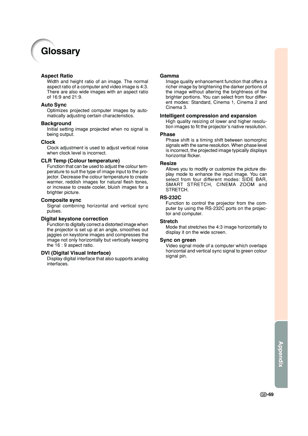 Sharp XV-Z200E operation manual Glossary, Aspect Ratio 