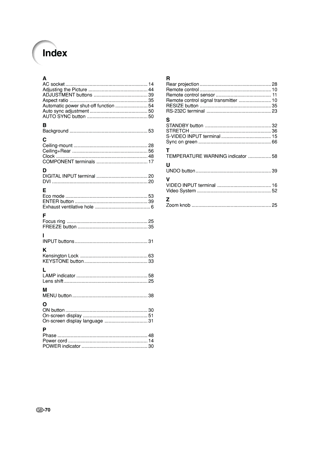 Sharp XV-Z200E operation manual Index, Dvi 