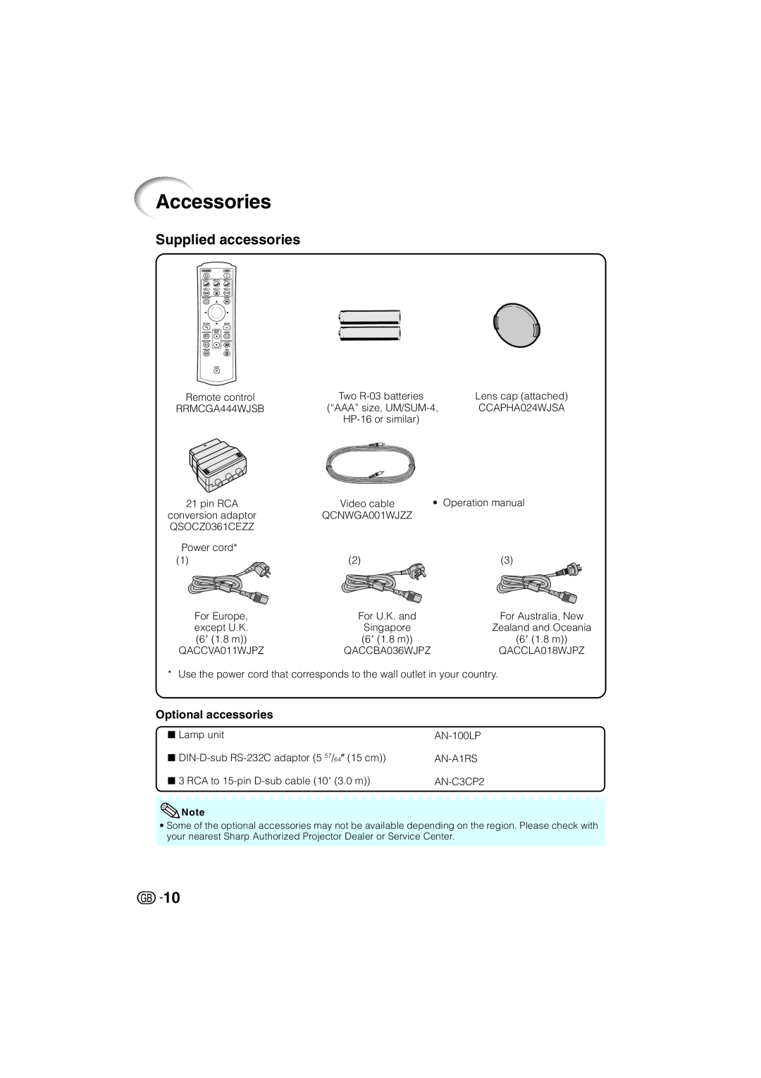Sharp XV-Z3000 manual Accessories, Supplied accessories, Optional accessories 