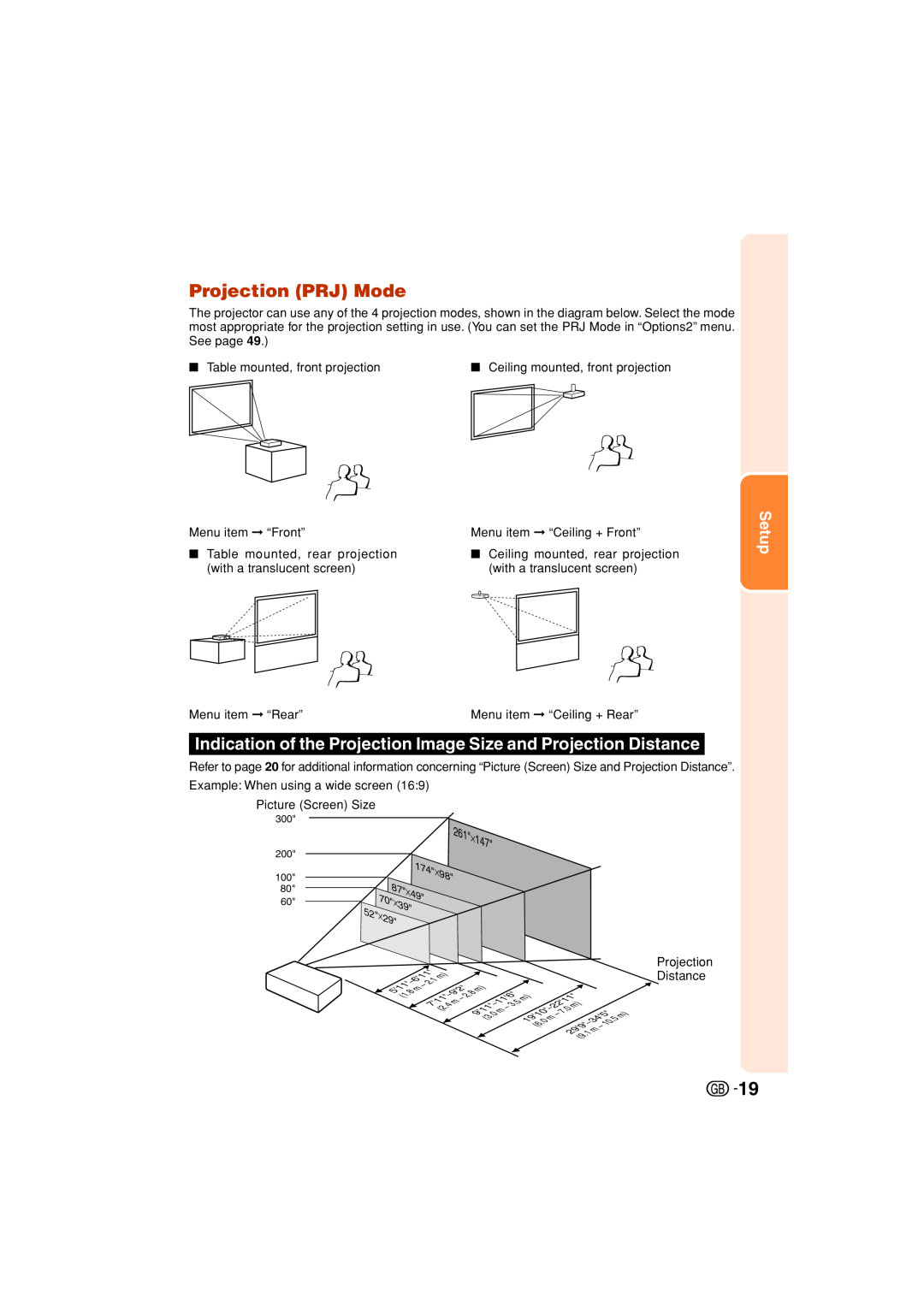 Sharp XV-Z3000 manual Projection PRJ Mode, Indication of the Projection Image Size and Projection Distance, Setup 