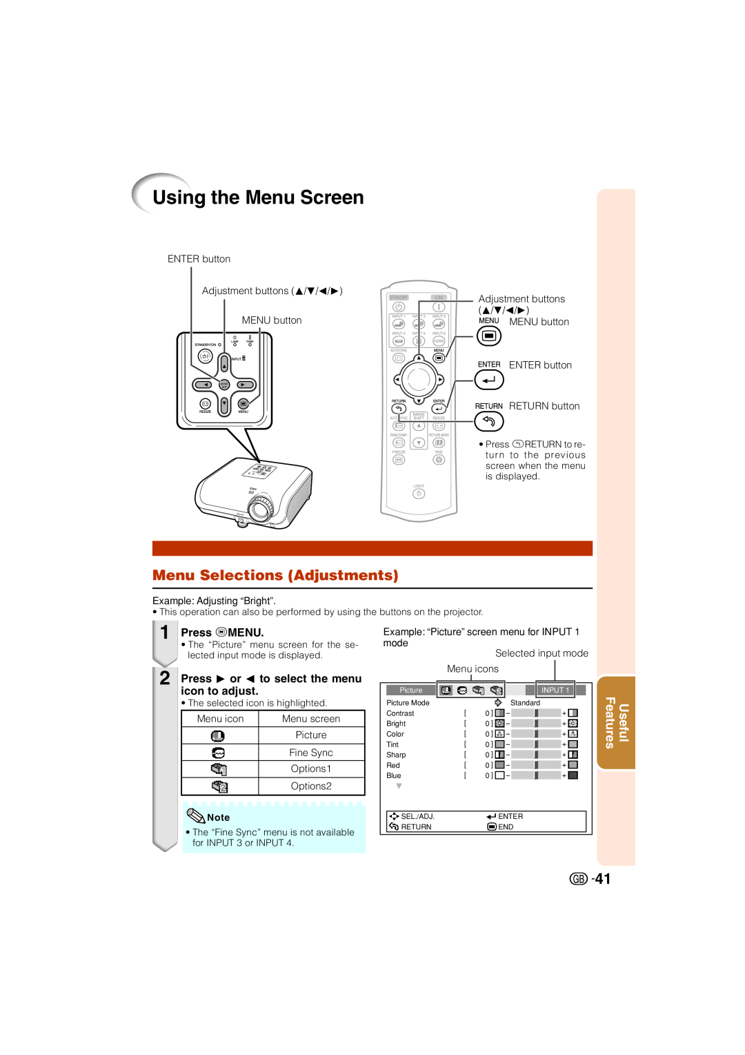Sharp XV-Z3000 manual Using the Menu Screen, Menu Selections Adjustments, Press dMENU 
