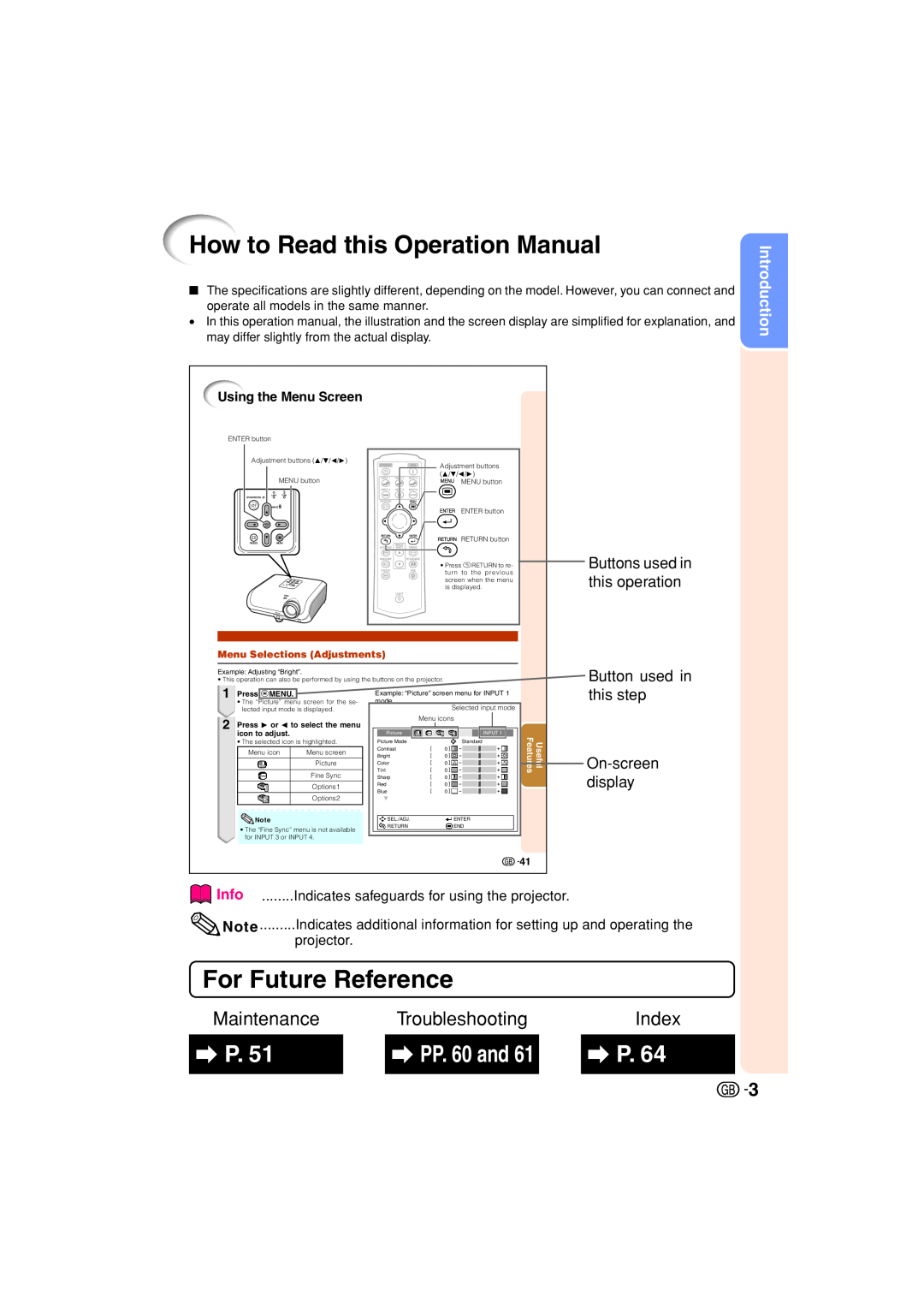Sharp XV-Z3000 How to Read this Operation Manual, For Future Reference, Maintenance, Troubleshooting, Index, PP. 60 and 