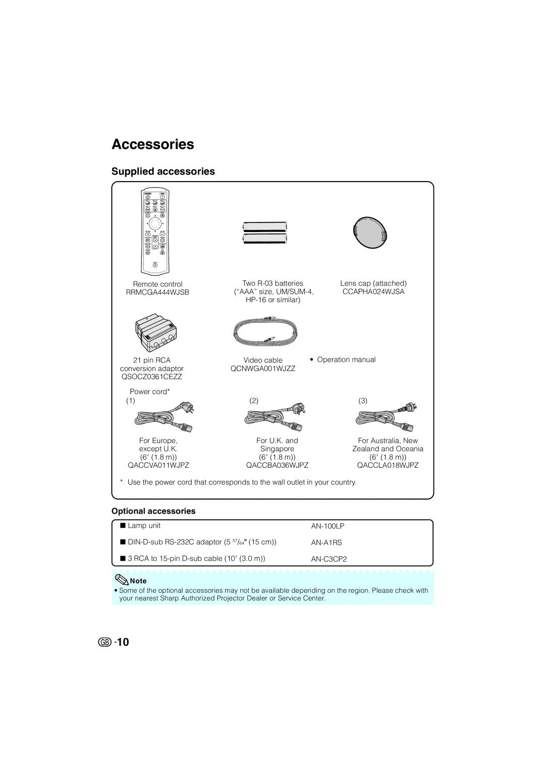 Sharp XV-Z3000 manual Accessories, Optional accessories 