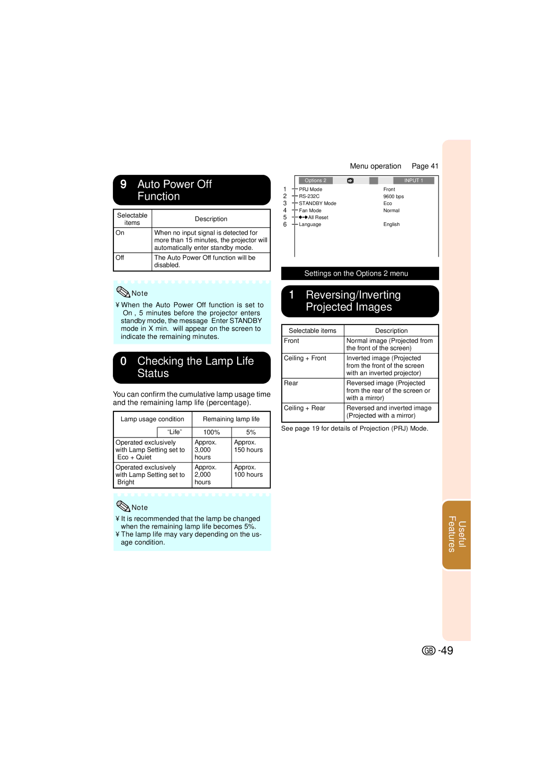 Sharp XV-Z3000 manual 9Auto Power Off Function, 0Checking the Lamp Life Status, Reversing/Inverting Projected Images 