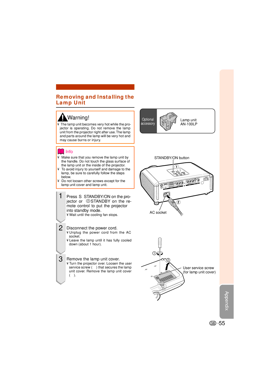 Sharp XV-Z3000 manual Removing and Installing the Lamp Unit, Disconnect the power cord, Remove the lamp unit cover 