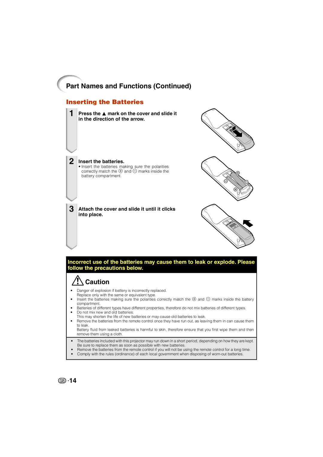 Sharp XV-Z3000 operation manual Inserting the Batteries, Attach the cover and slide it until it clicks into place 