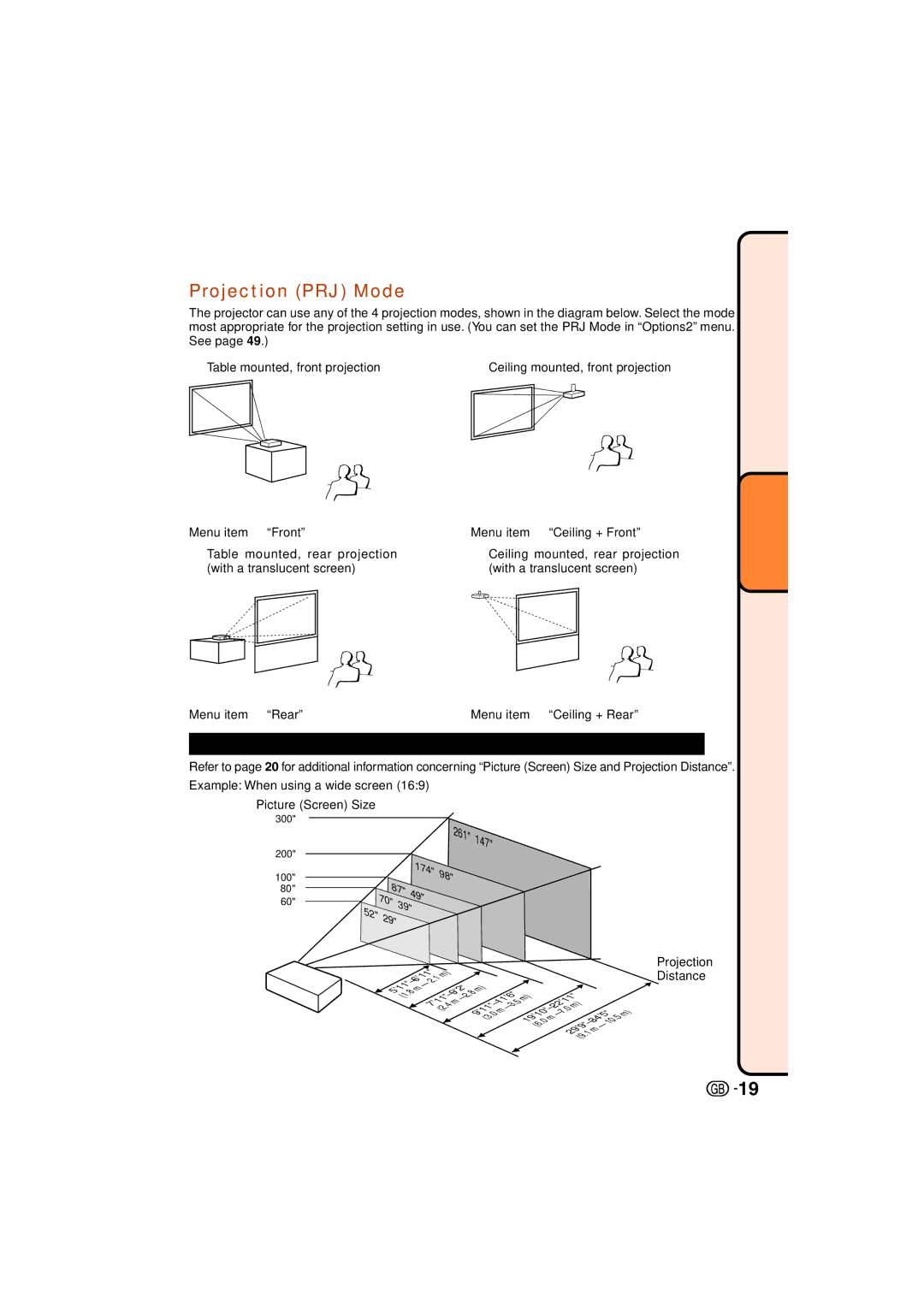 Sharp XV-Z3000 operation manual Projection PRJ Mode, 174 ⋅, Distance 