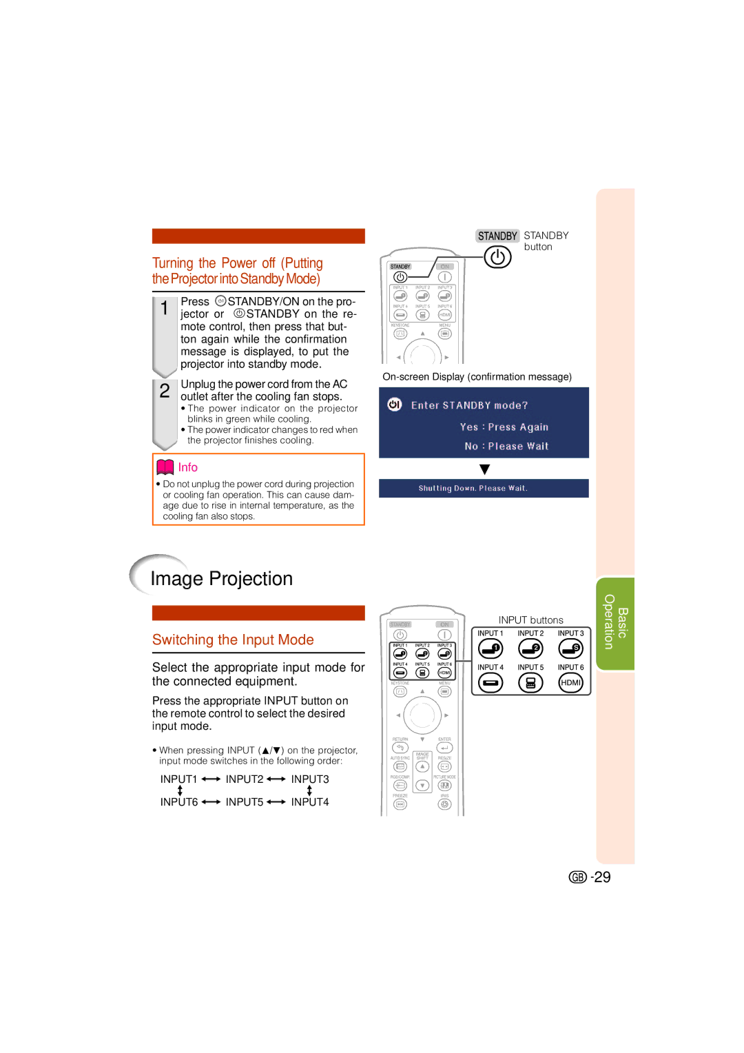 Sharp XV-Z3000 operation manual Image Projection, Switching the Input Mode, Unplug the power cord from the AC 