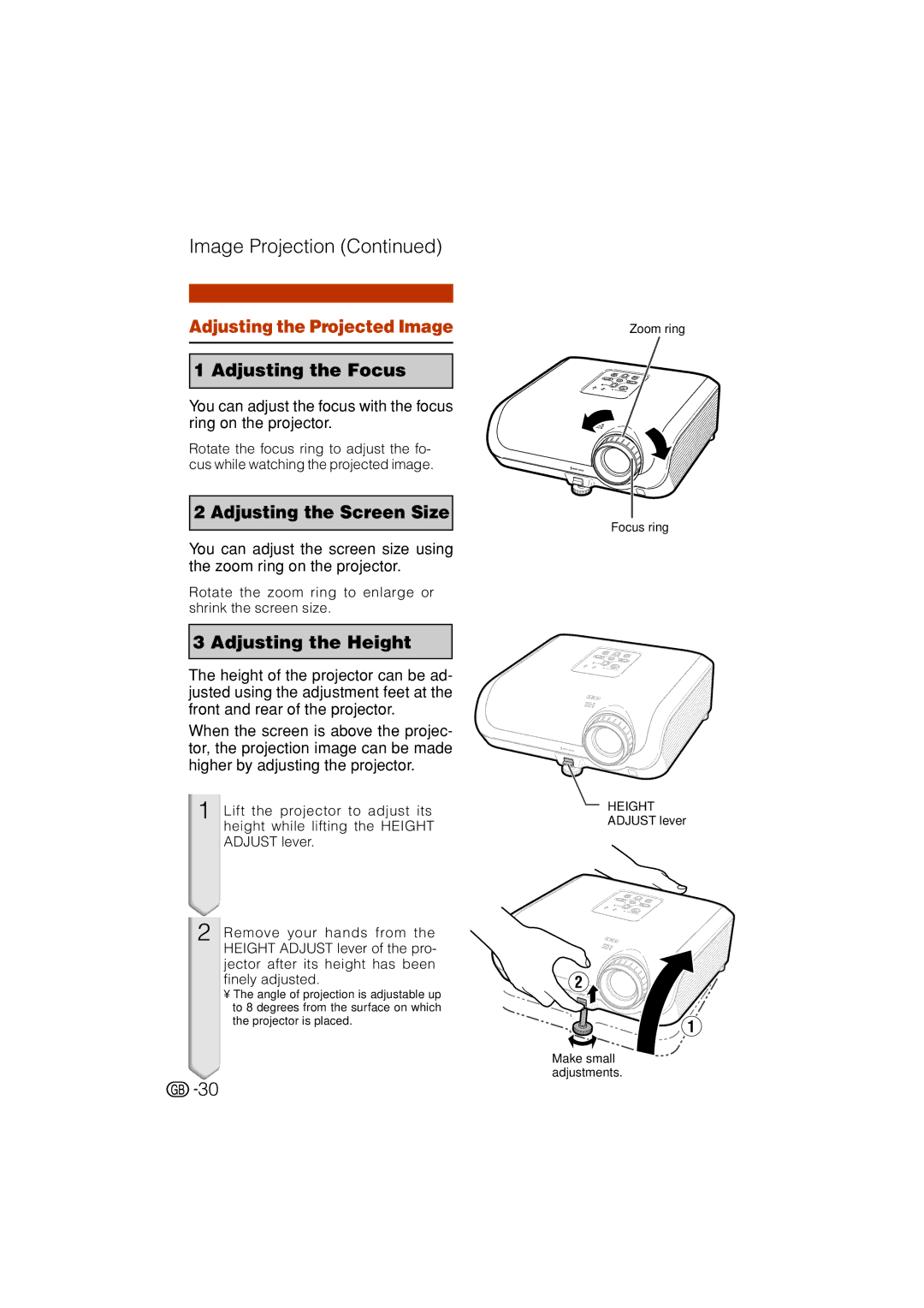 Sharp XV-Z3000 Image Projection, Adjusting the Projected Image, Rotate the zoom ring to enlarge or shrink the screen size 