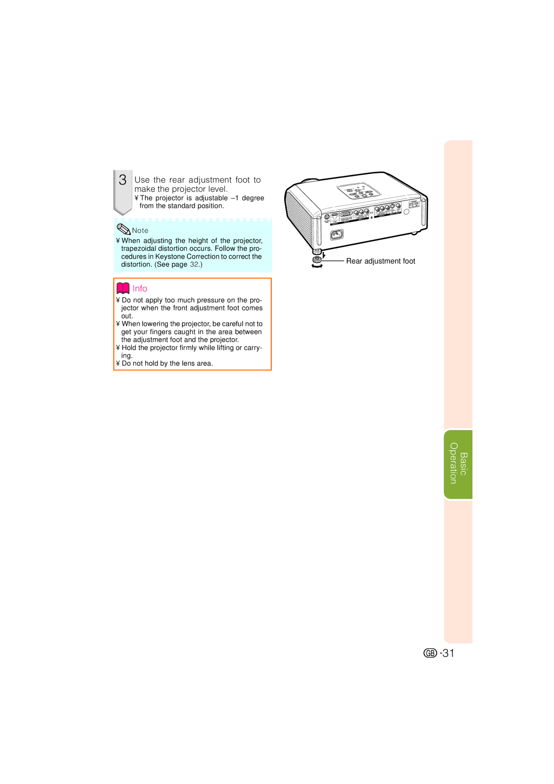 Sharp XV-Z3000 operation manual Use the rear adjustment foot to make the projector level, Rear adjustment foot 