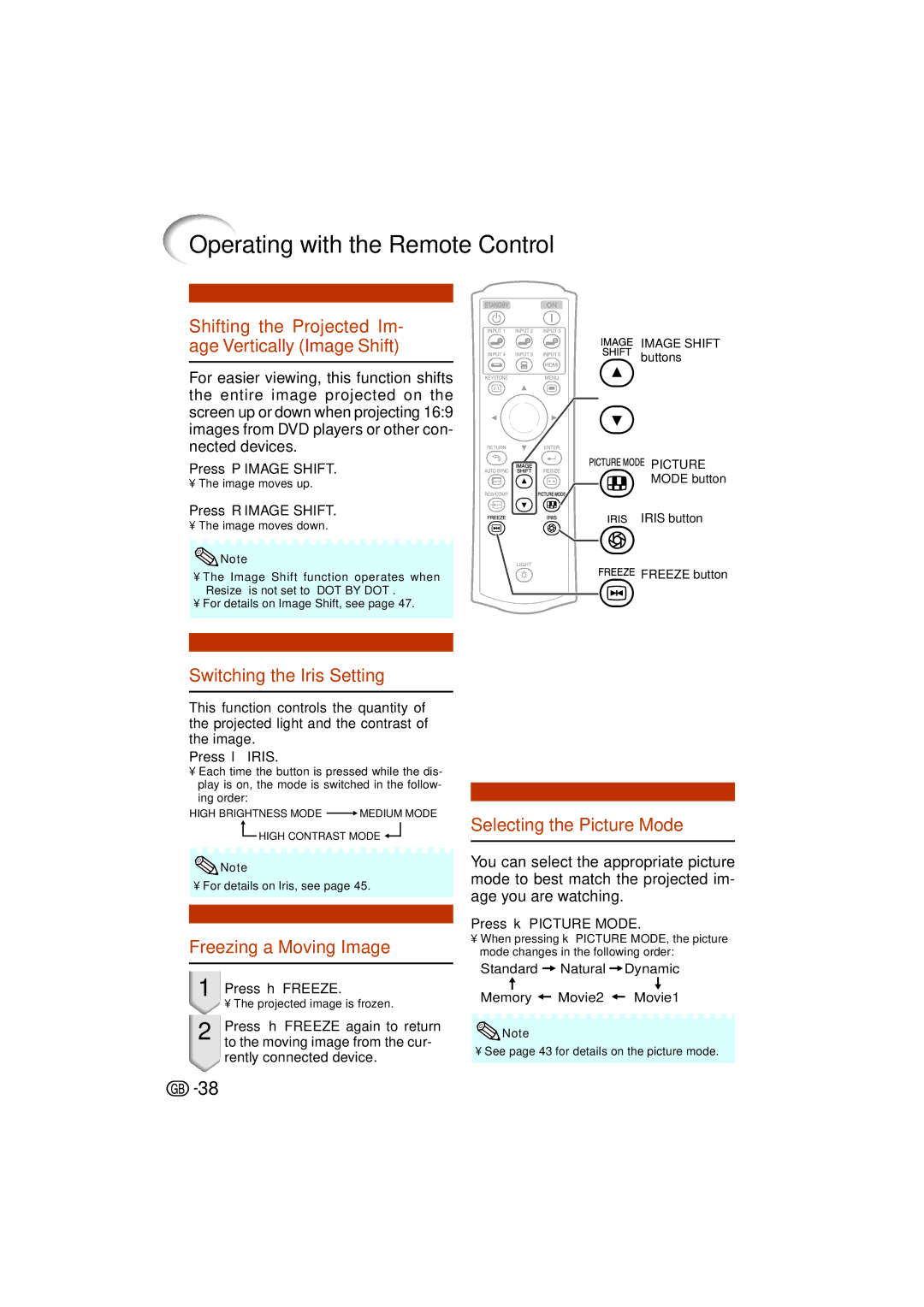 Sharp XV-Z3000 operation manual Operating with the Remote Control, Shifting the Projected Im- age Vertically Image Shift 