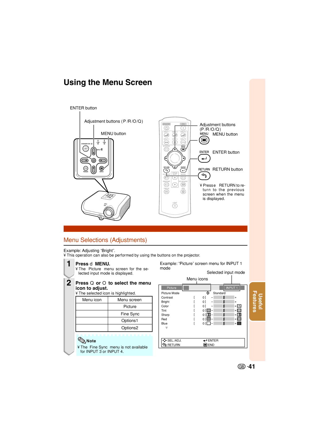 Sharp XV-Z3000 operation manual Using the Menu Screen, Menu Selections Adjustments, Press dMENU 