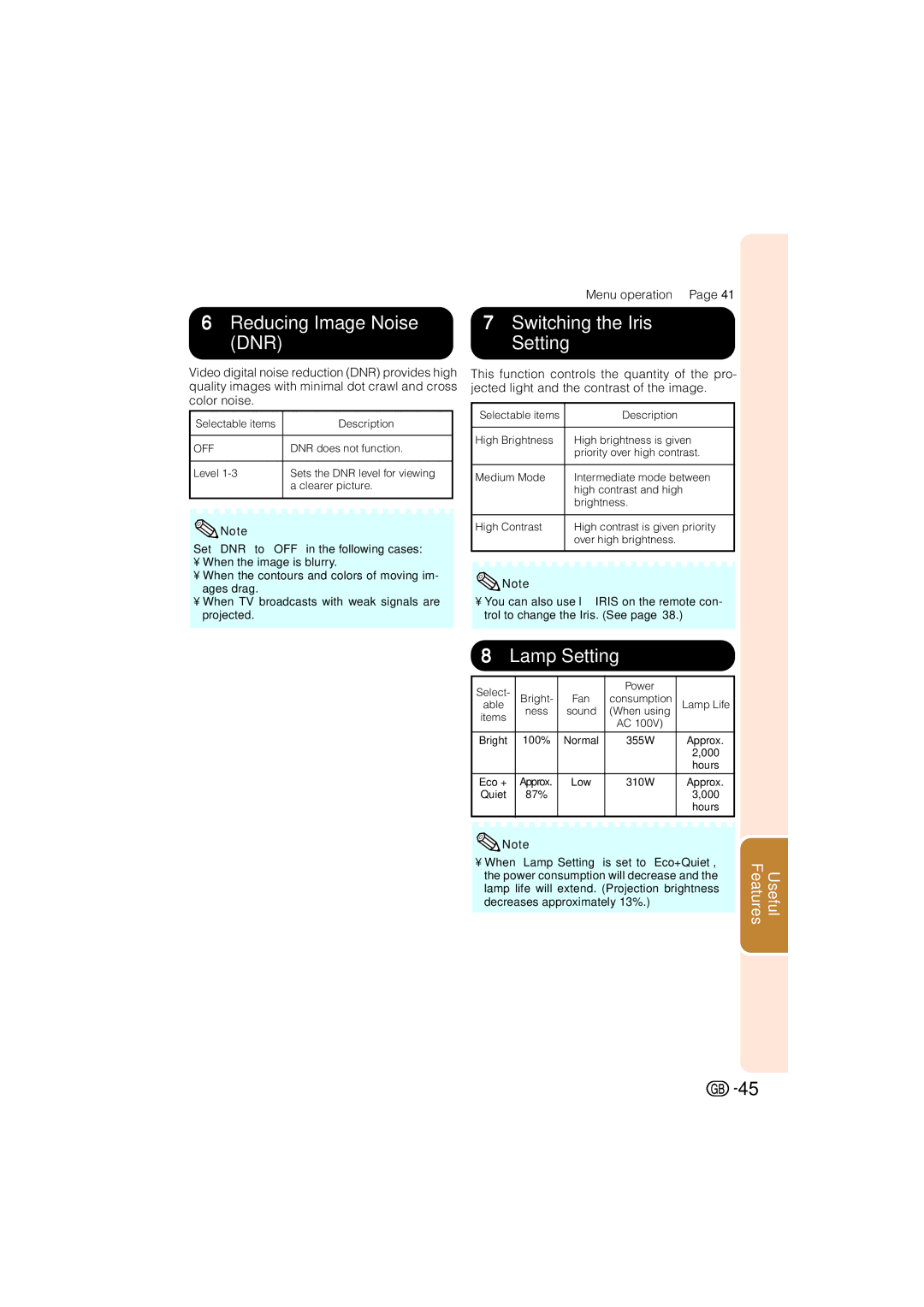 Sharp XV-Z3000 operation manual 6Reducing Image Noise 7Switching the Iris, 8Lamp Setting 