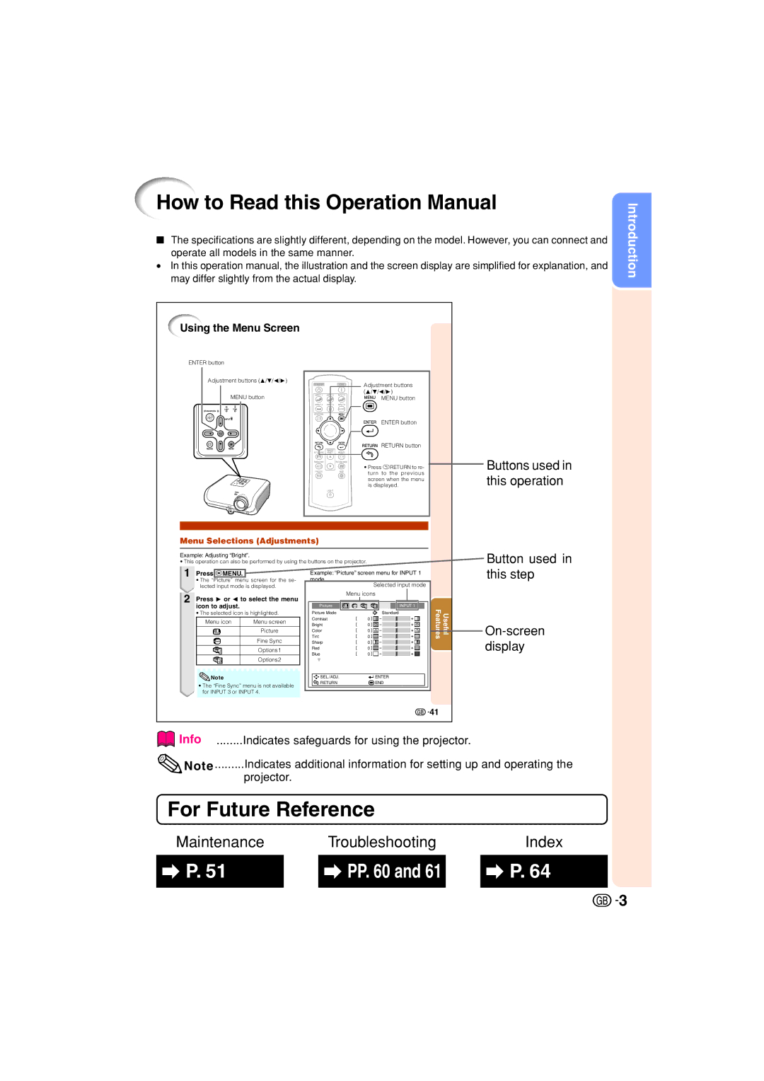 Sharp XV-Z3000 operation manual For Future Reference, Introduction 