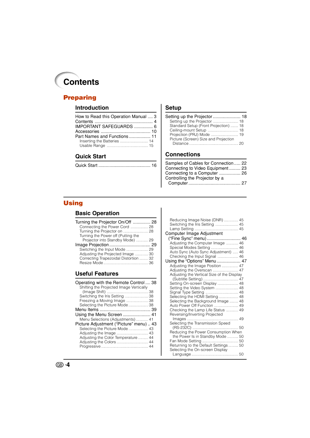 Sharp XV-Z3000 operation manual Contents 