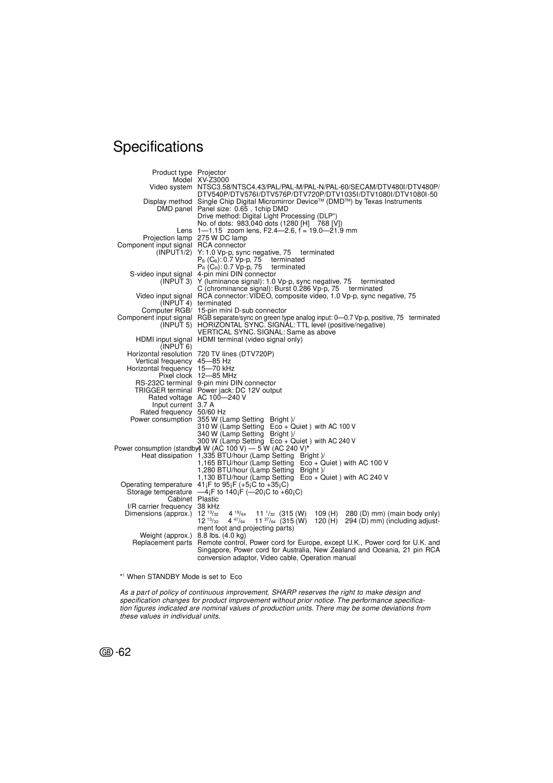 Sharp operation manual Specifications, Product type Projector Model XV-Z3000 Video system 