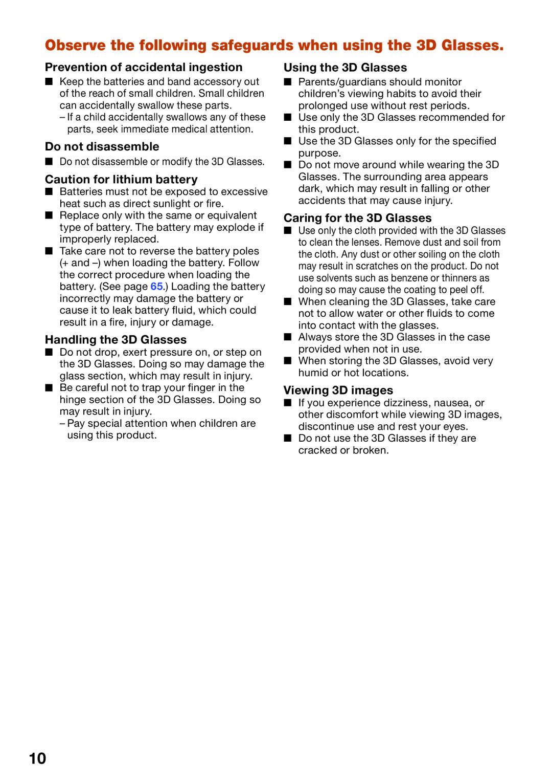 Sharp XV-Z30000 appendix Observe the following safeguards when using the 3D Glasses 