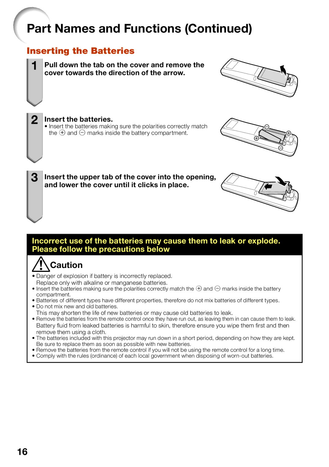 Sharp XV-Z30000 appendix Inserting the Batteries 