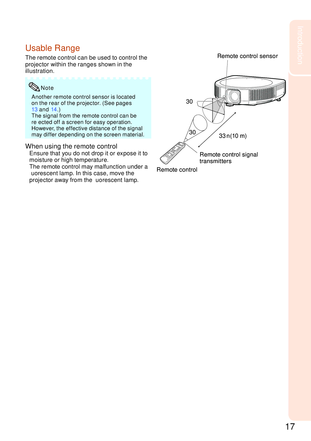 Sharp XV-Z30000 appendix Usable Range, Remote control sensor 33 n 10 m, Ensure that you do not drop it or expose it to 