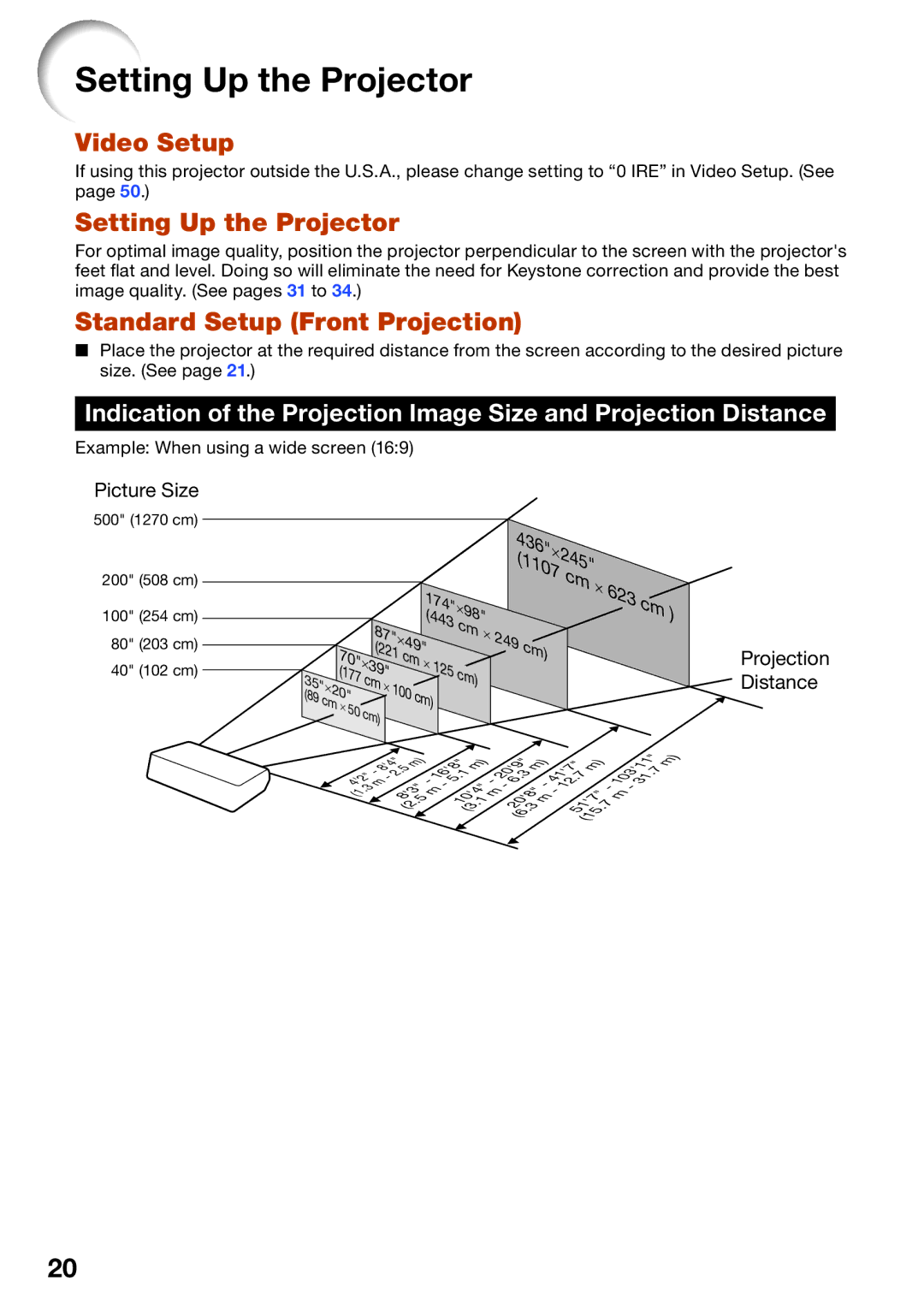 Sharp XV-Z30000 Setting Up the Projector, Video Setup, Standard Setup Front Projection, Example When using a wide screen 