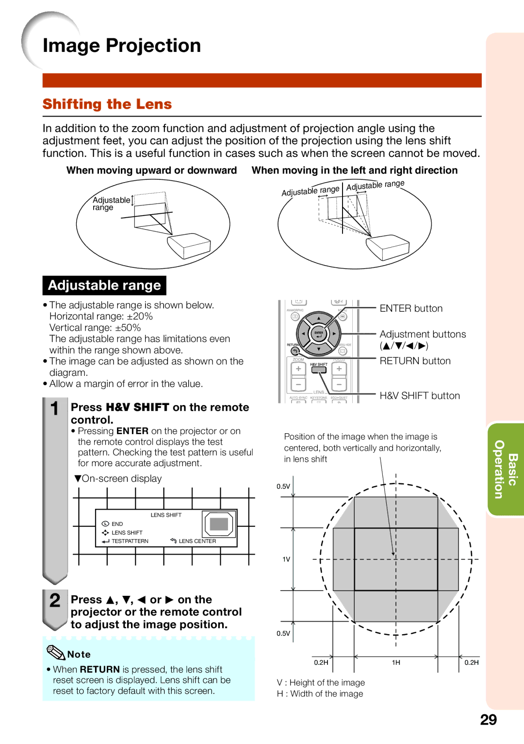 Sharp XV-Z30000 appendix Image Projection, Shifting the Lens, Press H&V Shift on the remote control, ROn-screen display 