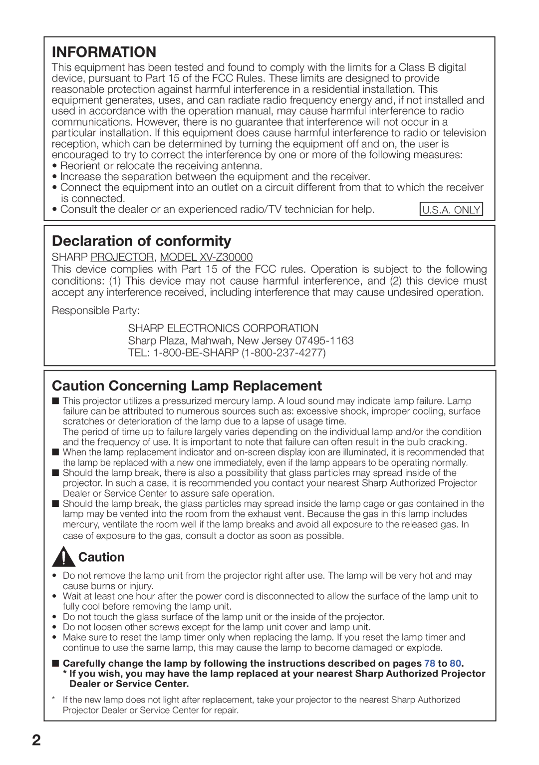 Sharp XV-Z30000 appendix Information, Sharp Plaza, Mahwah, New Jersey TEL 1-800-BE-SHARP 