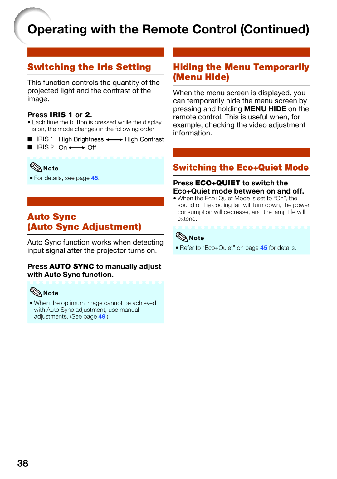 Sharp XV-Z30000 appendix Switching the Iris Setting, Hiding the Menu Temporarily Menu Hide, Auto Sync Auto Sync Adjustment 