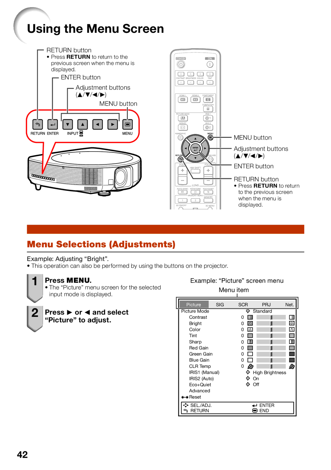 Sharp XV-Z30000 Using the Menu Screen, Menu Selections Adjustments, Press Menu, Press Q or O and select Picture to adjust 