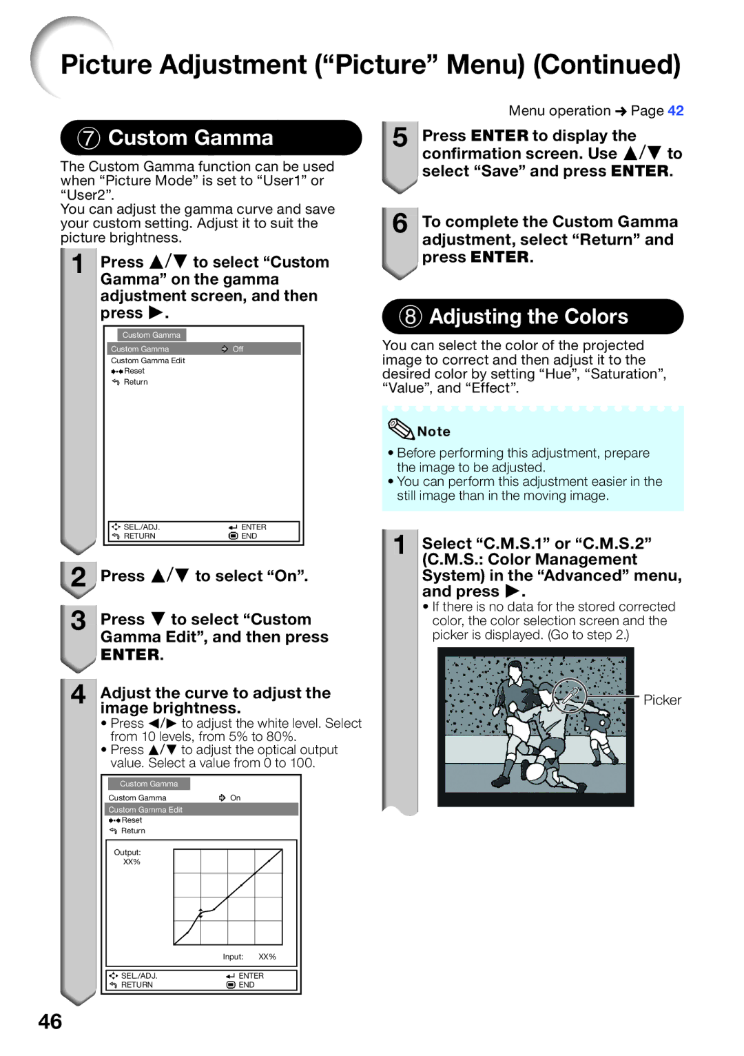 Sharp XV-Z30000 appendix Custom Gamma,  Adjusting the Colors, Adjust the curve to adjust the image brightness, Picker 