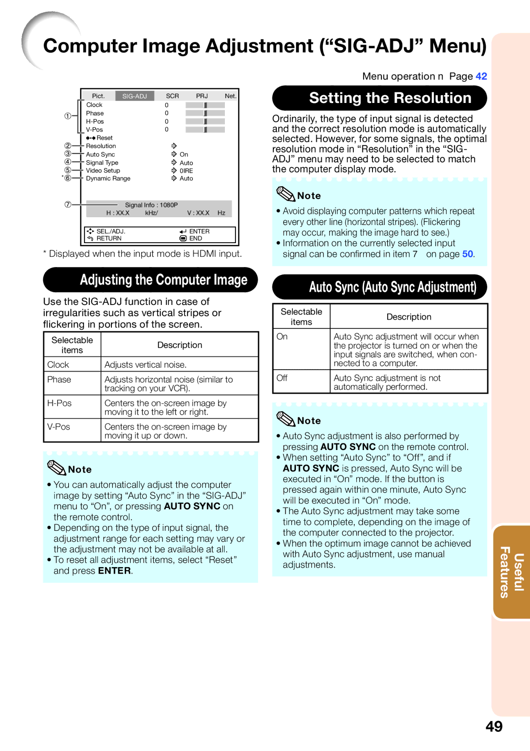 Sharp XV-Z30000 appendix Computer Image Adjustment SIG-ADJ Menu, Setting the Resolution 