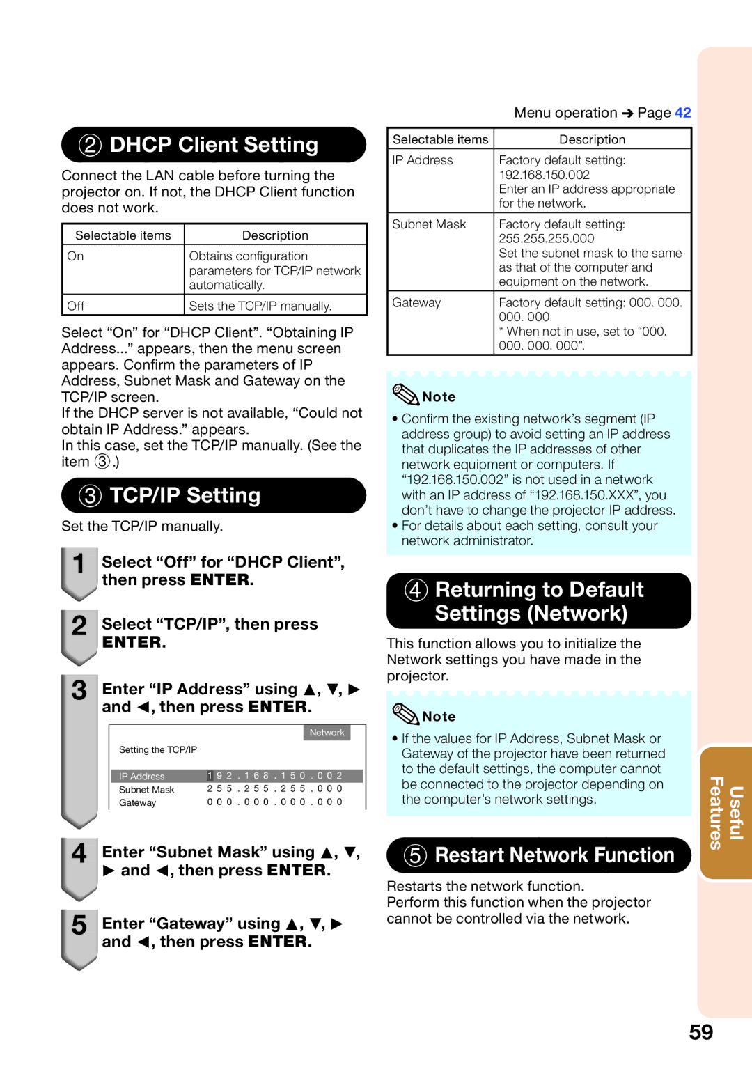 Sharp XV-Z30000 Dhcp Client Setting, TCP/IP Setting, Returning to Default Settings Network, Restart Network Function 