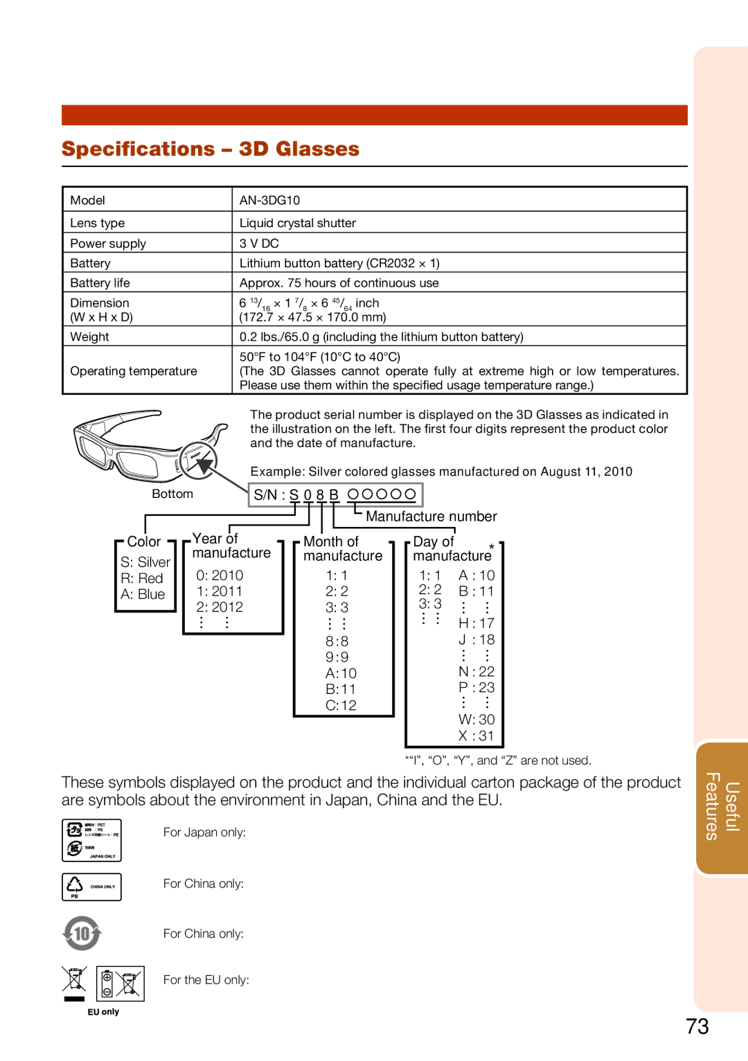 Sharp XV-Z30000 appendix Speciﬁcations 3D Glasses, S 0 8 B Manufacture number Color 