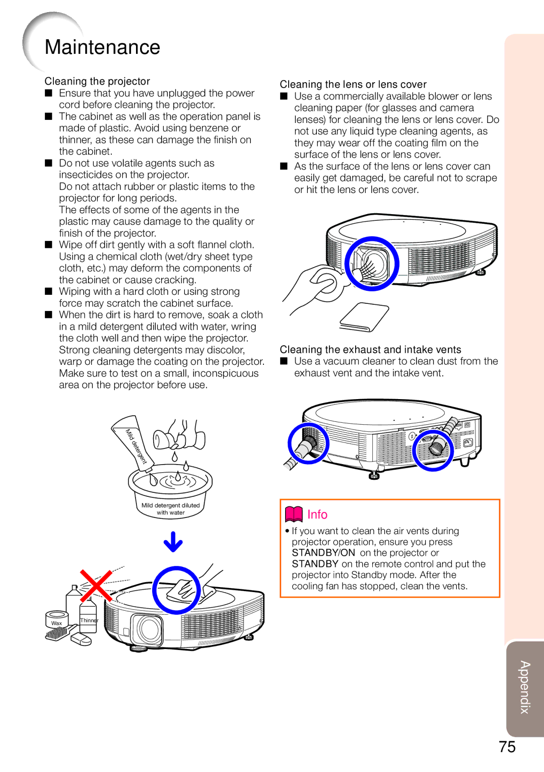 Sharp XV-Z30000 appendix Maintenance, Cleaning the projector, Cleaning the lens or lens cover 