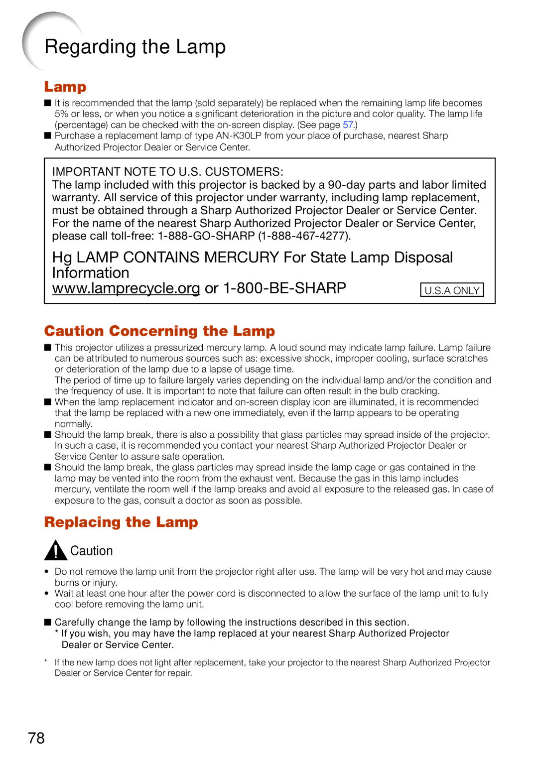 Sharp XV-Z30000 appendix Regarding the Lamp, Replacing the Lamp 