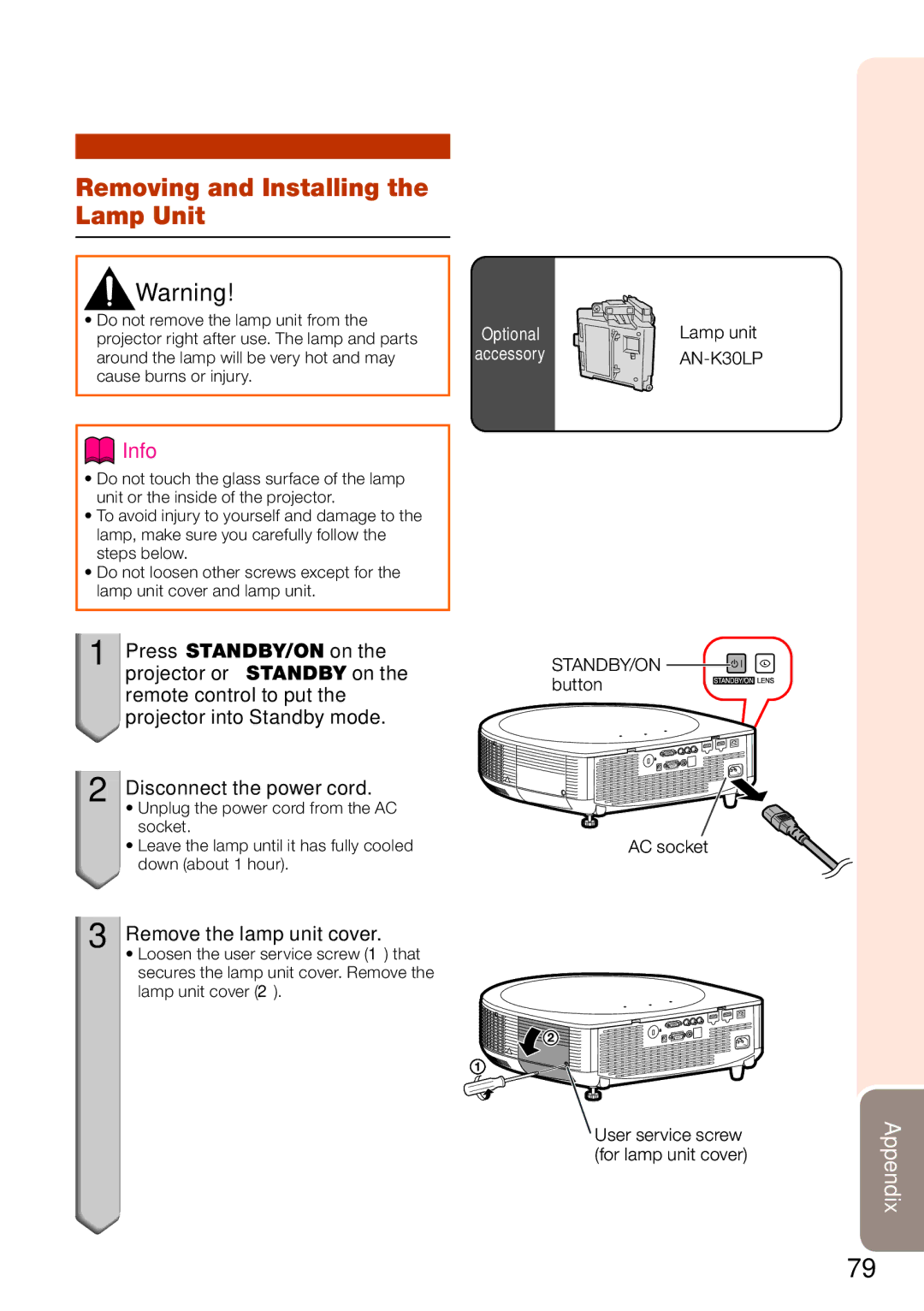 Sharp XV-Z30000 Removing and Installing the Lamp Unit, Disconnect the power cord, Remove the lamp unit cover, Lamp unit 